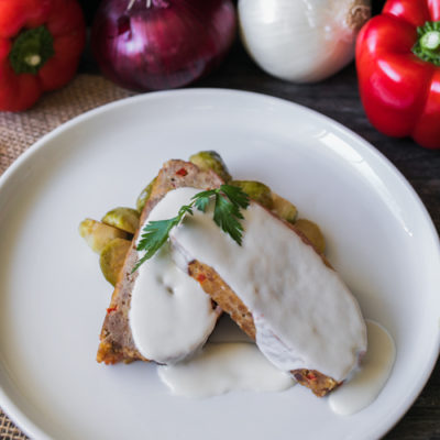 Veal and Mushroom Meat Loaf with Bacon and Sour Cream Sauce with Garlic-Roasted Brussels Sprouts<br>Delivery December 23-27