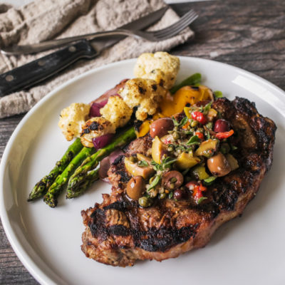 Steak and Vegetables with Garlicky Olivada<br>Delivery June 2-6