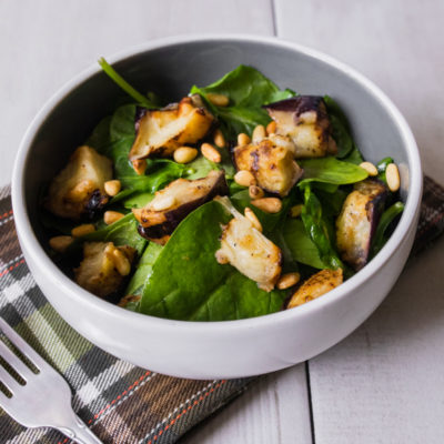 Baby Spinach with Grilled Eggplant, Feta and Pine Nuts<br>Delivery June 23-27