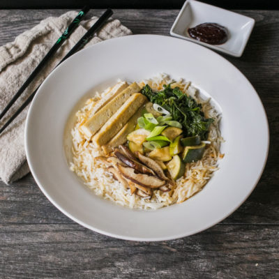 Tofu Bibimbap with Greens and Zucchini over Steamed Rice<br>Delivery July 21-25