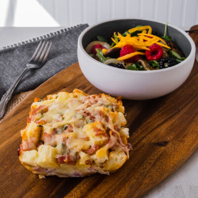 Monte Cristo Strata with Arugula with Mushrooms, Berries, Cheddar and Cabernet Vinaigrette<br>Delivery December 15-19