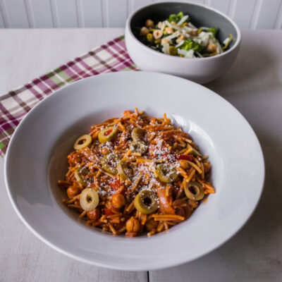Fideos with Chorizo and Chickpeas with Kale Salad with Broccoli, Manchego and Hazelnuts<br>Delivery January 6-10