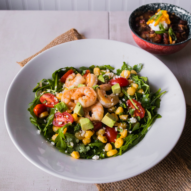 Shrimp Salad with Hominy, Arugula, Avocado and Lime with Mexican-Style Black Bean Soup with Bacon<br>Delivery December 30-January 3