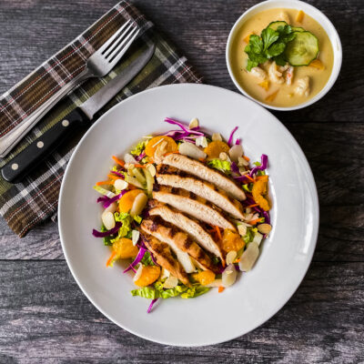 Asian-Style Chopped Chicken Salad with Ginger Dressing with Thai-Style Coconut Squash Soup with Red Curry Paste and Shrimp<br>Delivery February 17-21