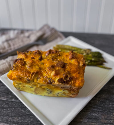 Cheese and Sausage Strata with Mustard and Mayo-Glazed Asparagus<br>Delivery May 26-30