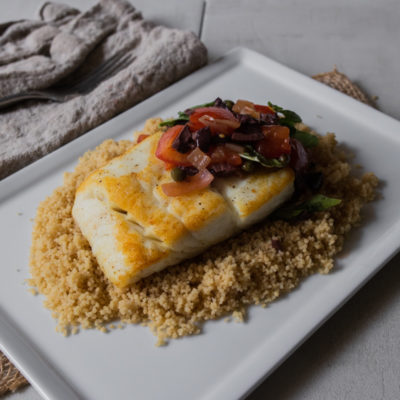 Halibut with Capers, Olives and Tomatoes over Couscous<br>Delivery June 2-6
