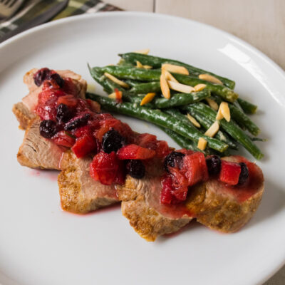 Pork with Spiced Rhubarb Chutney with Green Beans with Almonds and Garlic <br>Delivery May 12-16