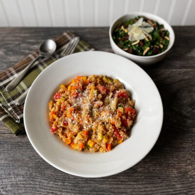 Quinoa and Vegetable Stew with Kale with Dates, Parmesan and Almonds<br>Delivery May 26-30