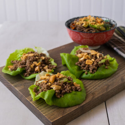 Asian-Style Beef Lettuce Wraps with Sesame Noodles with Basil and Peanuts <br>Delivery June 30-July 4