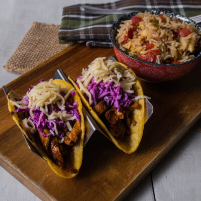 Barbecue Chicken Tacos with Cabbage and Queso with Spanish Rice and Orzo Pilaf<br>Delivery February 3-7