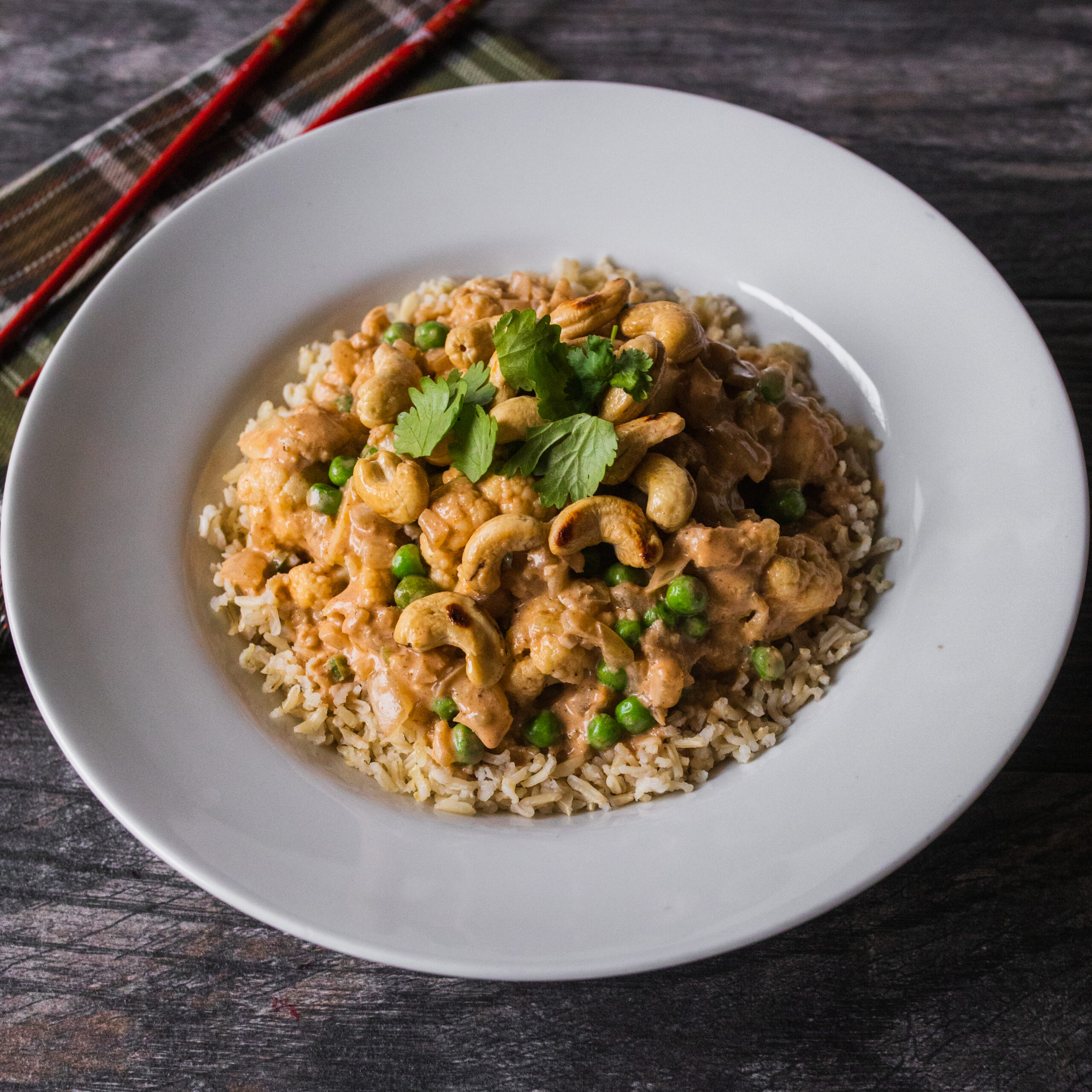 Cauliflower, Cashew, Pea and Coconut Curry over Steamed Rice<br>Delivery December 30-January 3