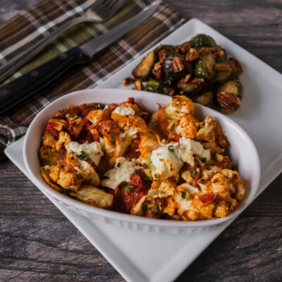 Cauliflower Gratin with Tomatoes and Goat Cheese with Roasted Brussels Sprouts with Pecans and Avocado <br>Delivery April 7-11