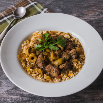 Lamb Stew with Green Olives over Orange-Scented Rice<br>Delivery May 19-23