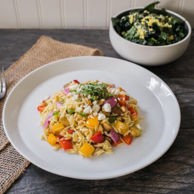 Orzo with Grilled Vegetables with Tuscan Kale Caesar Slaw <br>Delivery June 30-July 4