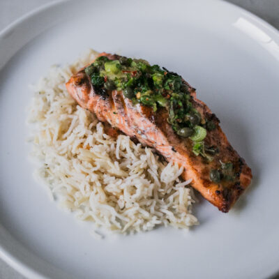 Salmon with Citrus-Salsa Verde with Orzo Pilaf<br>Delivery December 30-January 3