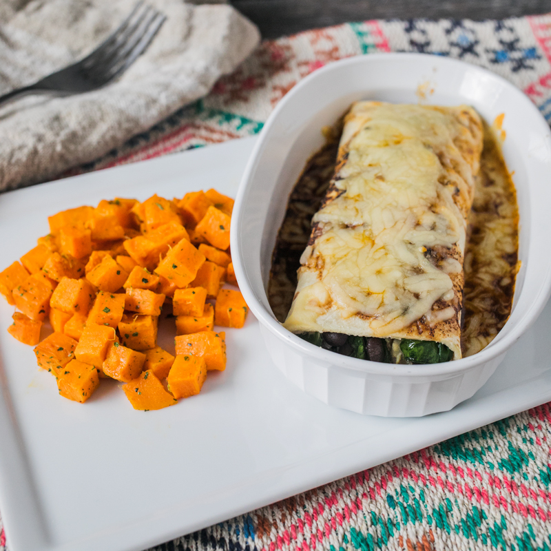 Spinach-Artichoke Enchiladas with Black Beans with Lime-Cilantro Sweet Potatoes<br>Delivery May 5-9